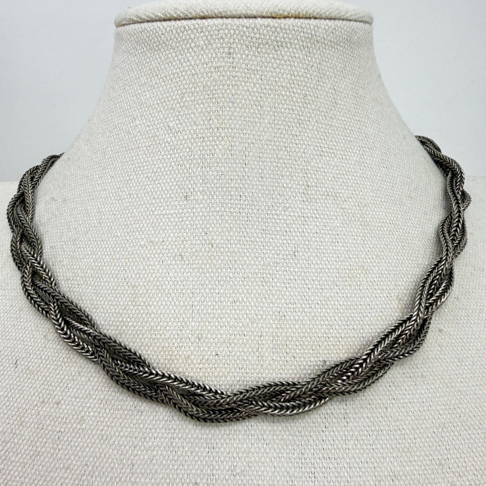 Braided Metal Necklace Multi Strand Silver Tone Choker Vintage India Handmade‎